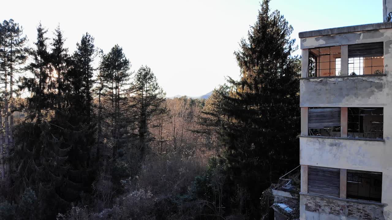 árboles y edificios abandonados con sol como luz de fondo y bengalas ópticas - el punto de vista se eleva lentamente - colonia di rovegno, italia