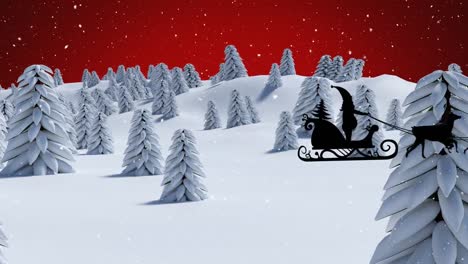 Animation-of-snow-falling-over-trees-on-red-background