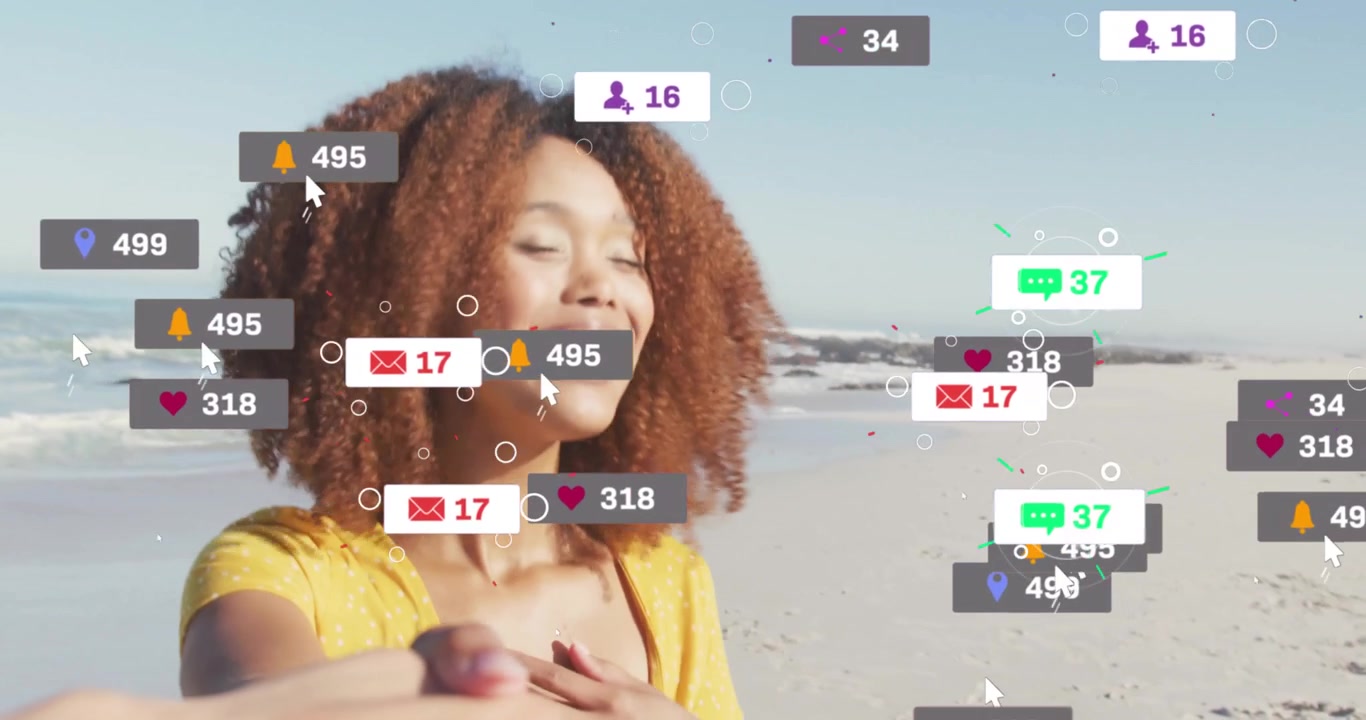 woman grasping partner hand on beach showing social media like notifications swirling around head