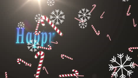 animation of christmas greetings over falling snowflakes and candies