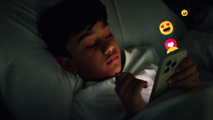 Müder kleiner Junge liegt nachts zu Hause im Bett und schaut auf sein Mobiltelefon mit animierten Emojis, die mehrere Social-Media- oder Nachrichtenbenachrichtigungen anzeigen, während er Online-Inhalte liked und darauf reagiert.