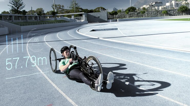 Animation of time measuring and a Caucasian athlete racing in a recumbent bicycle