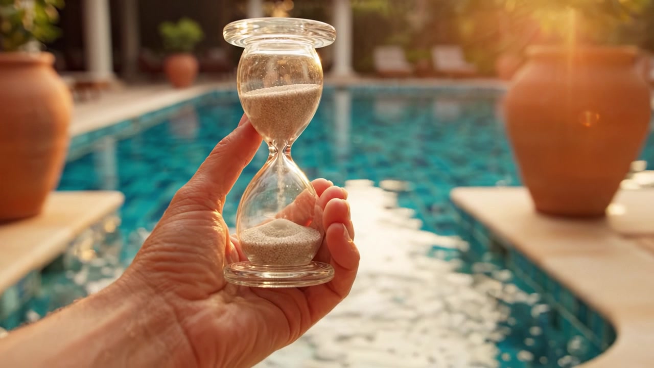 A Glimmering Hourglass Awaits Its Destiny by the Tranquil Poolside, Capturing the Essence of Time Flowing Peacefully Amidst Nature's Serenity