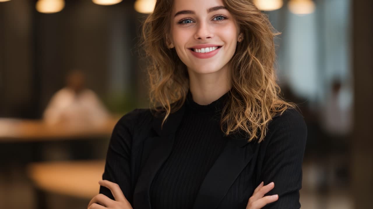 Confident and Engaging Woman with a Warm Smile in a Modern Workspace Setting, Showcasing Professionalism and Approachability in a Bright Environment