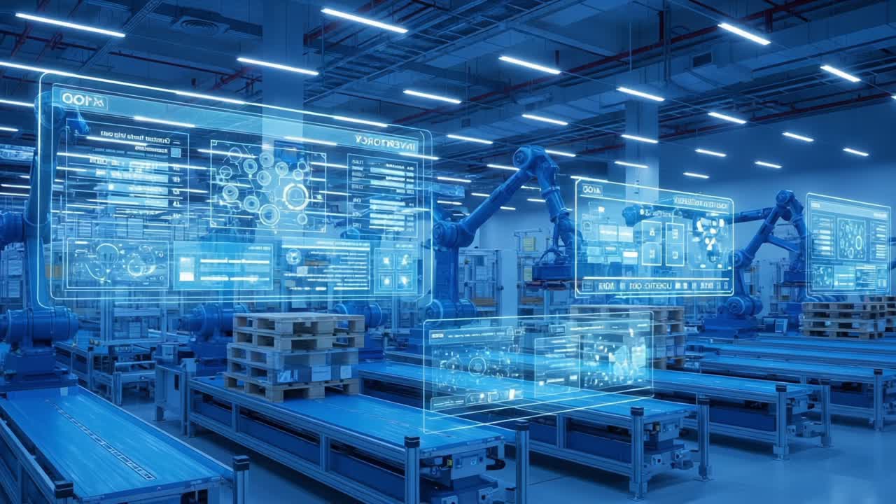 Futuristic Automated Factory with Advanced Robotic Arms and Interactive Displays Showcasing High-Tech Manufacturing Processes and Data Analytics in a Controlled Environment