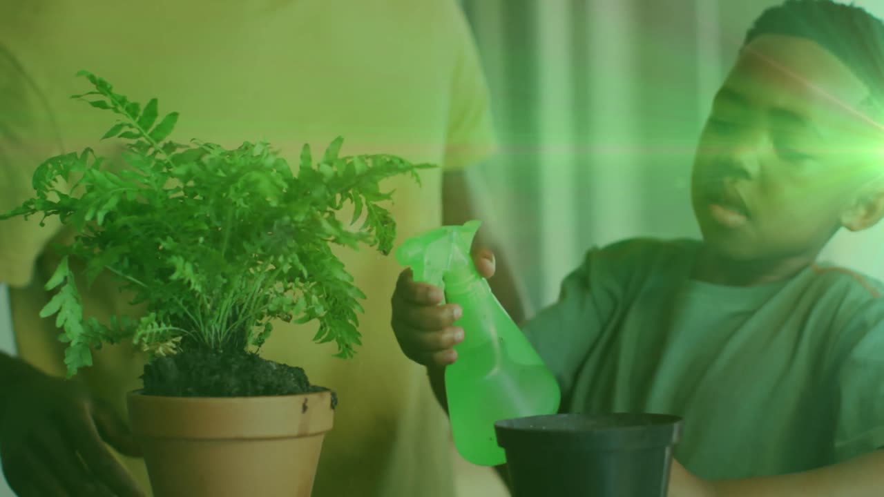animación de luces sobre un feliz niño afroamericano regando plantas de interior