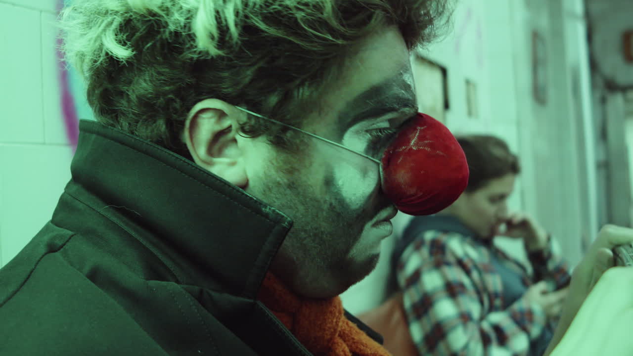un payaso triste siendo fotografiado en el metro