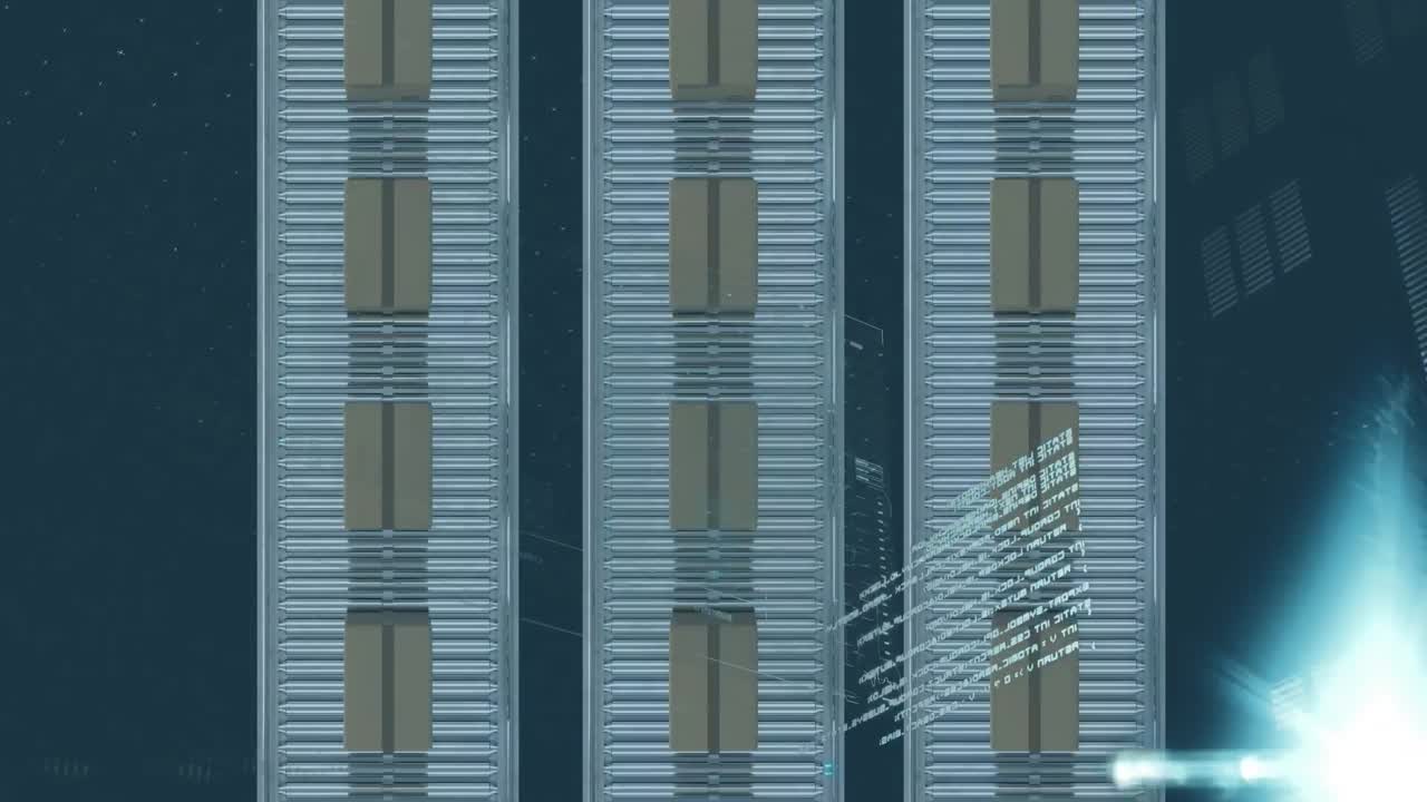 창고의 컨베이어 벨트에 있는 카드보드 상자 위에서 금융 데이터 처리의 애니메이션