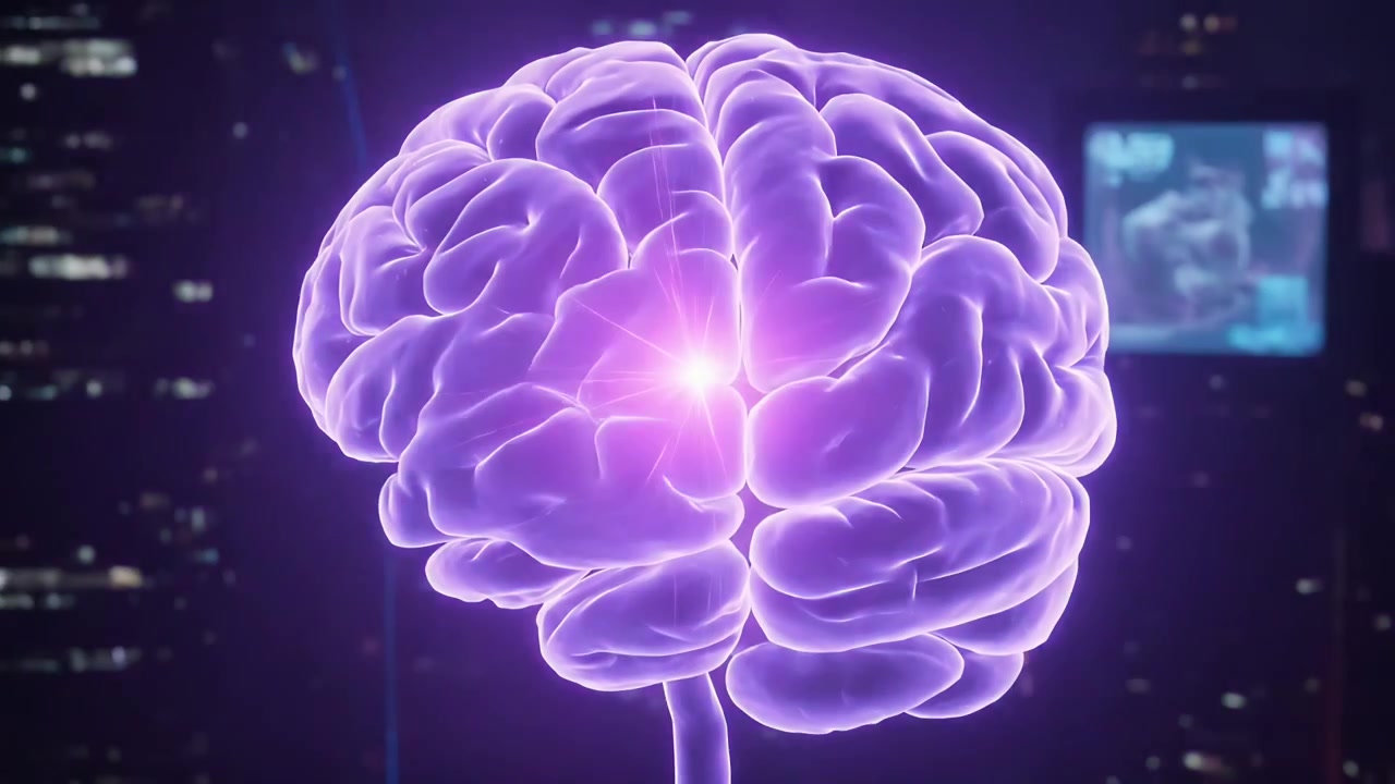 Rotating brain with brainstem moving closer city at night, pulsing central light sending filaments
