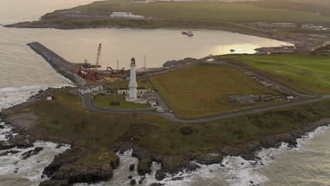 Aerial-view-of-Girdle-Ness-lighthouse,-Aberdeen,-Scotland