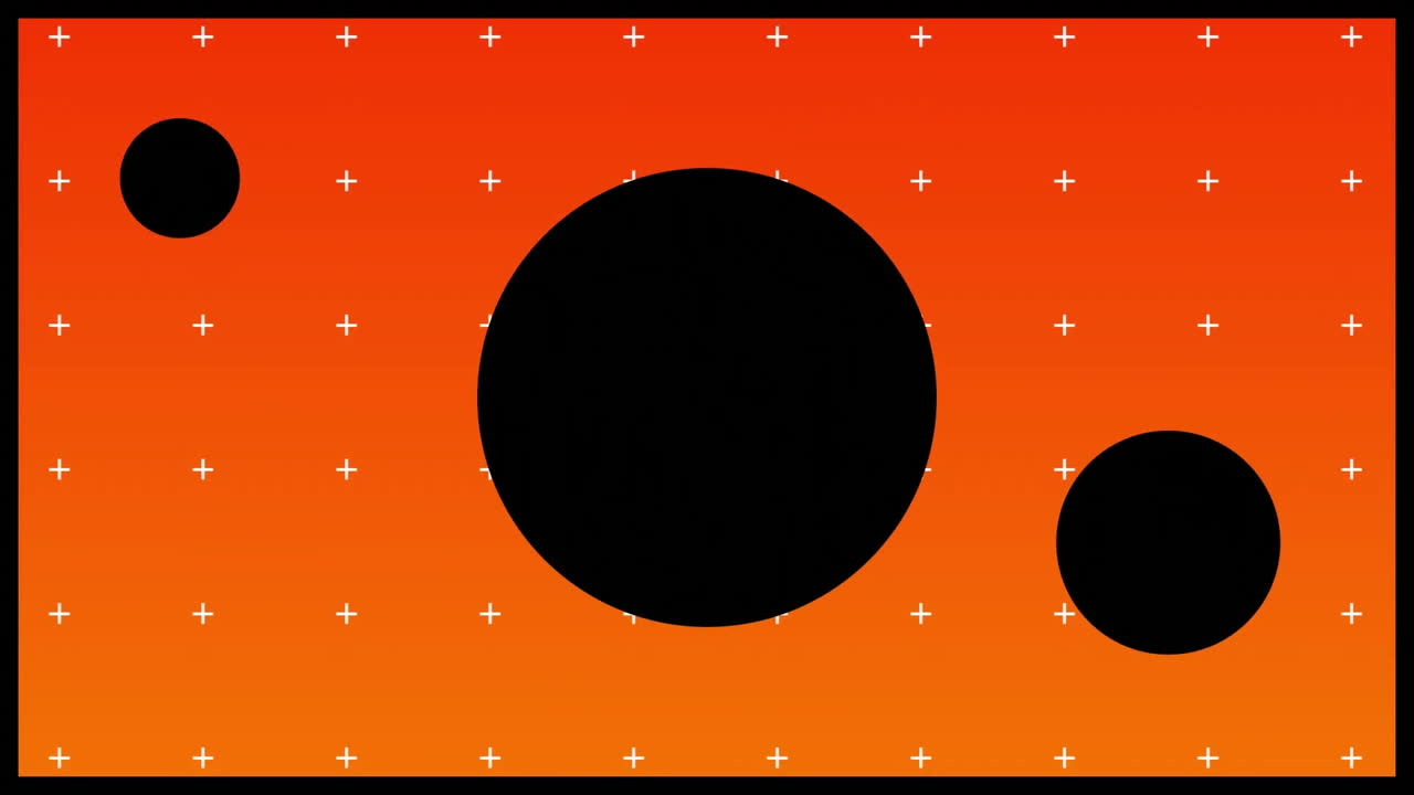 Black circles and white crosses over orange gradient background in animation