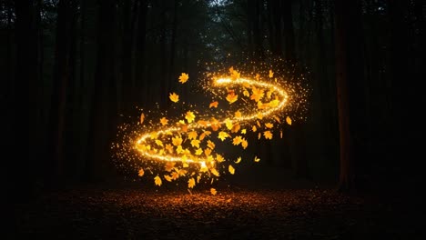 a dynamic swirl of golden light and falling leaves creates a magical atmosphere amidst the serene backdrop of a dark forest, blending nature with enchanting visual effects