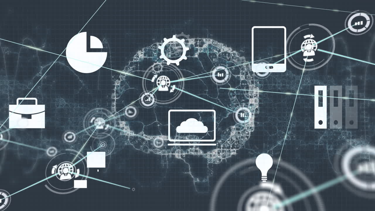 Animation of multiple icons and connected profile icons over rotating digital brain