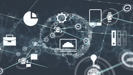 animación de múltiples iconos y iconos de perfiles conectados sobre el cerebro digital giratorio.