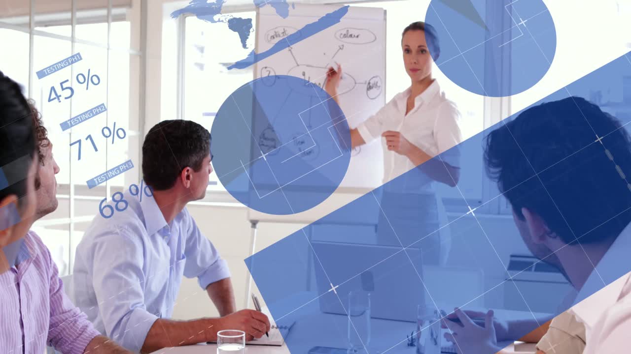 animación de estadísticas y procesamiento de datos sobre personas de negocios que usan auriculares telefónicos