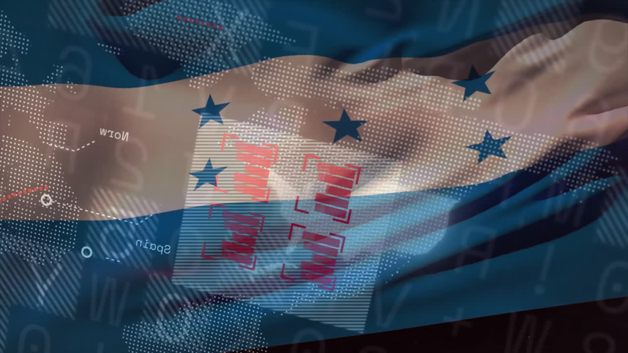 Honduras flag with digital data animation overlay in school setting