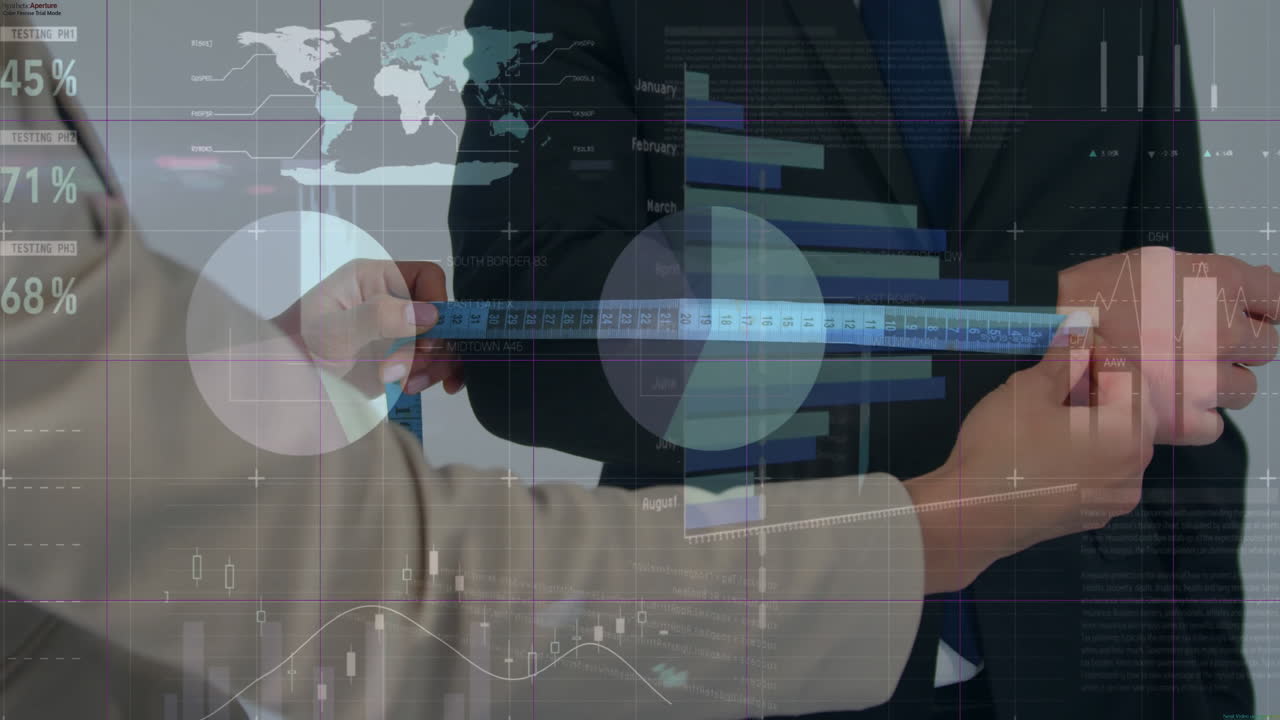 animación de gráficos e interfaz infográfica sobre diversas mujeres tomando la medición del brazo del hombre