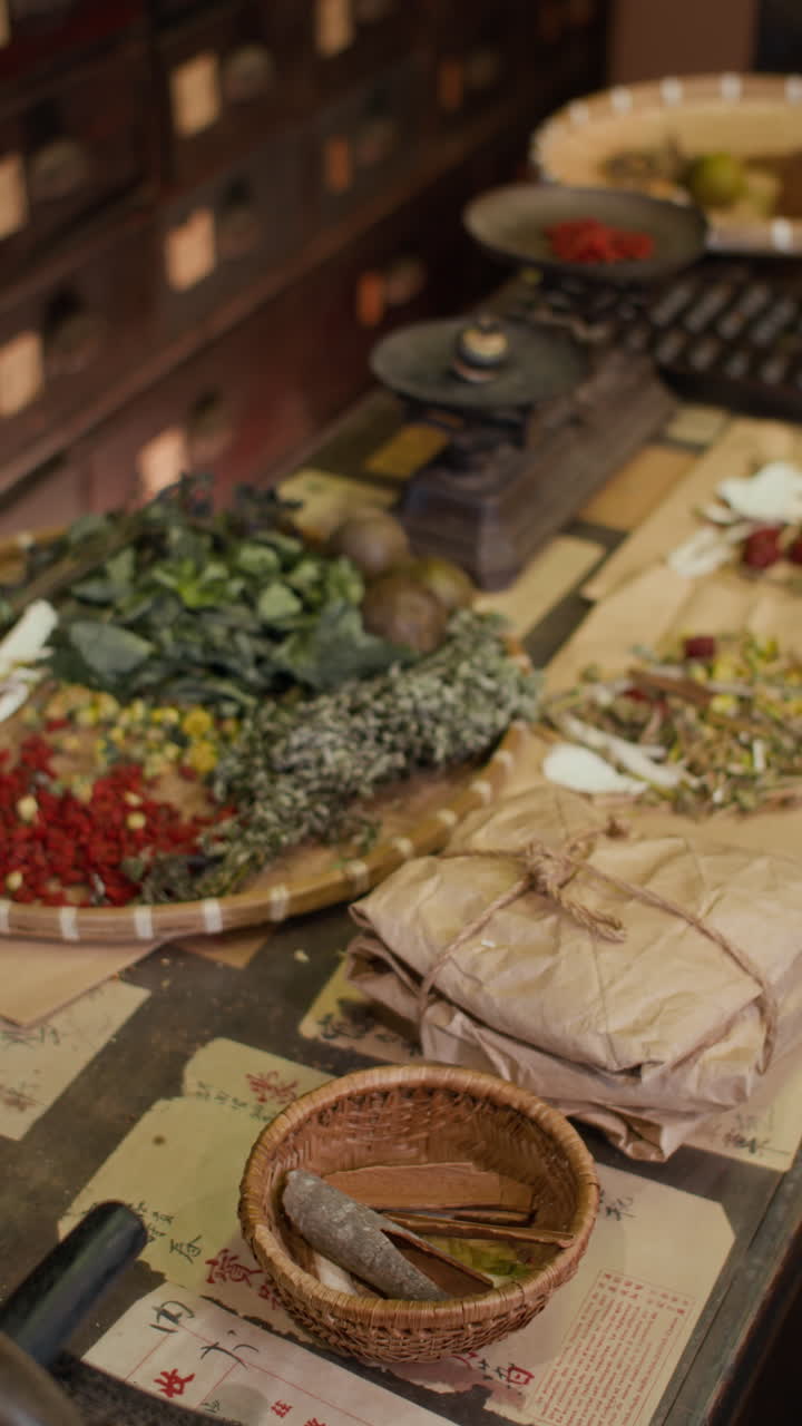 Working Table of Healer with Dried Ingredients at Traditional Asian Pharmacy