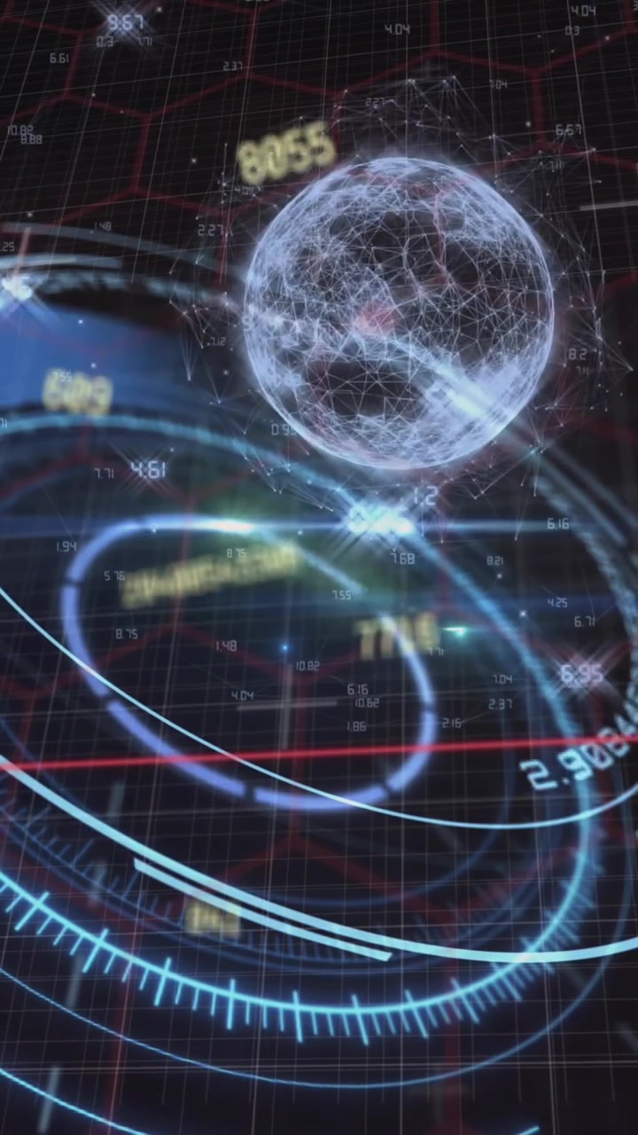 Animation of scope scanning, numbers changing and globe spinning on grid in background