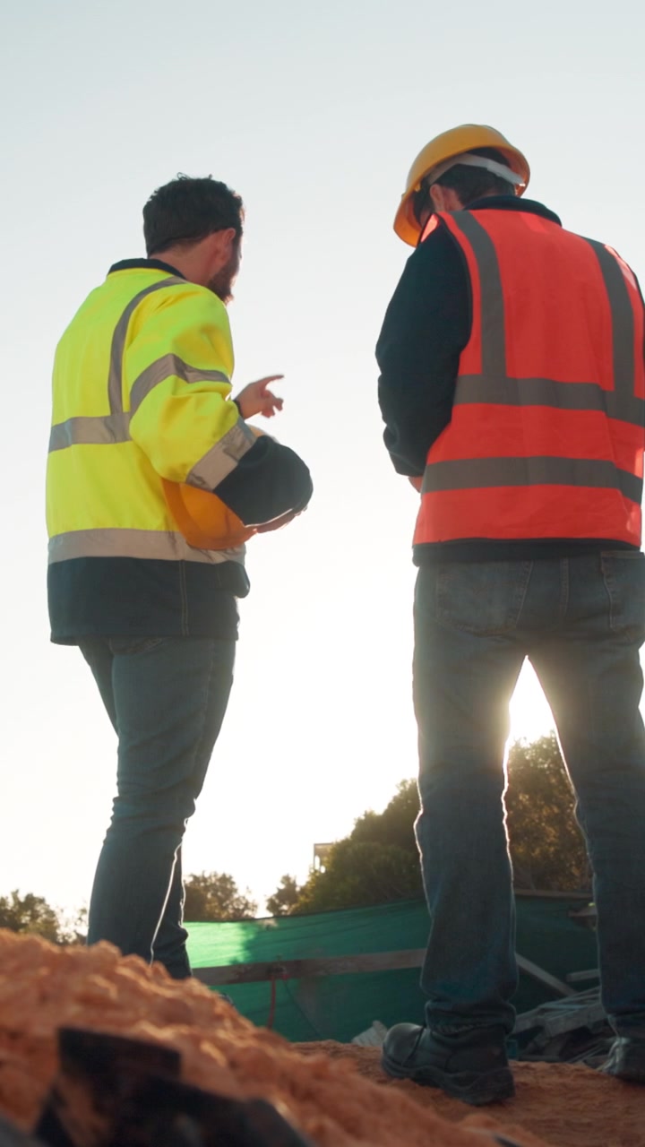 Two Construction Workers Discussing Project Plans at Building Site