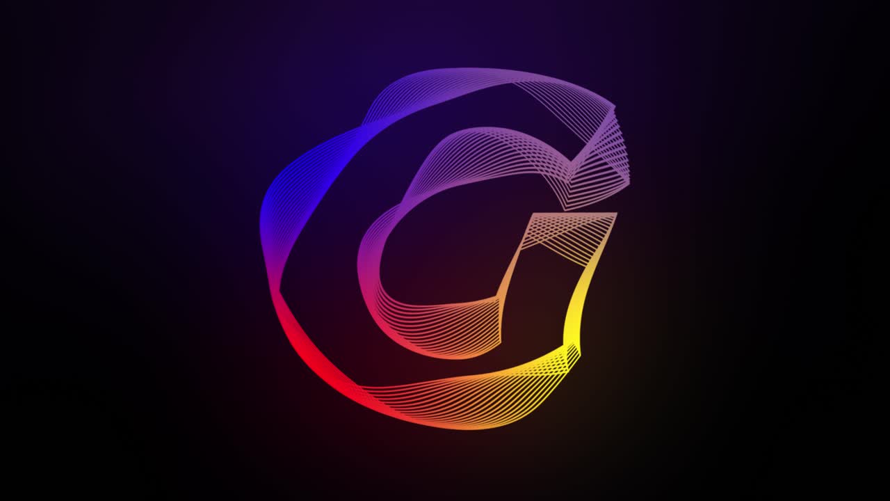 3D Letter G swirling lines animation on dark gradient background abstract dynamic motion graphics particle glow typography visual effect rainbow digital alphabet