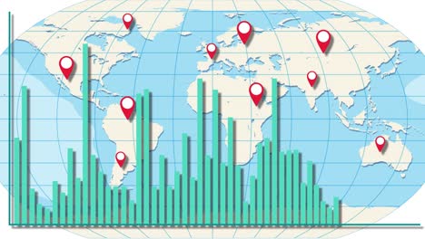 animated world map with bar graphs illustrating economic data growth, featuring location markers and dynamic transitions