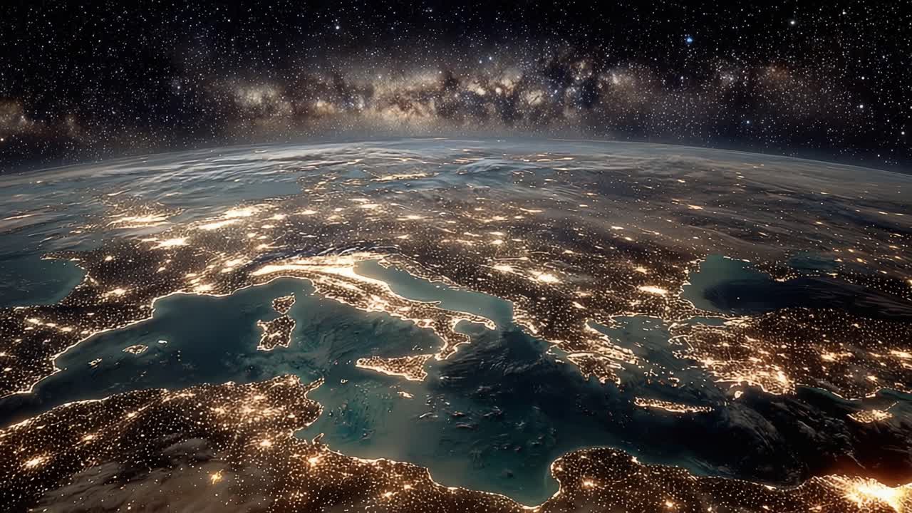 Stunning Aerial View of Earth at Night Displaying Illuminated Regions with the Milky Way in the Background, Capturing the Beauty of Our Planet from Space