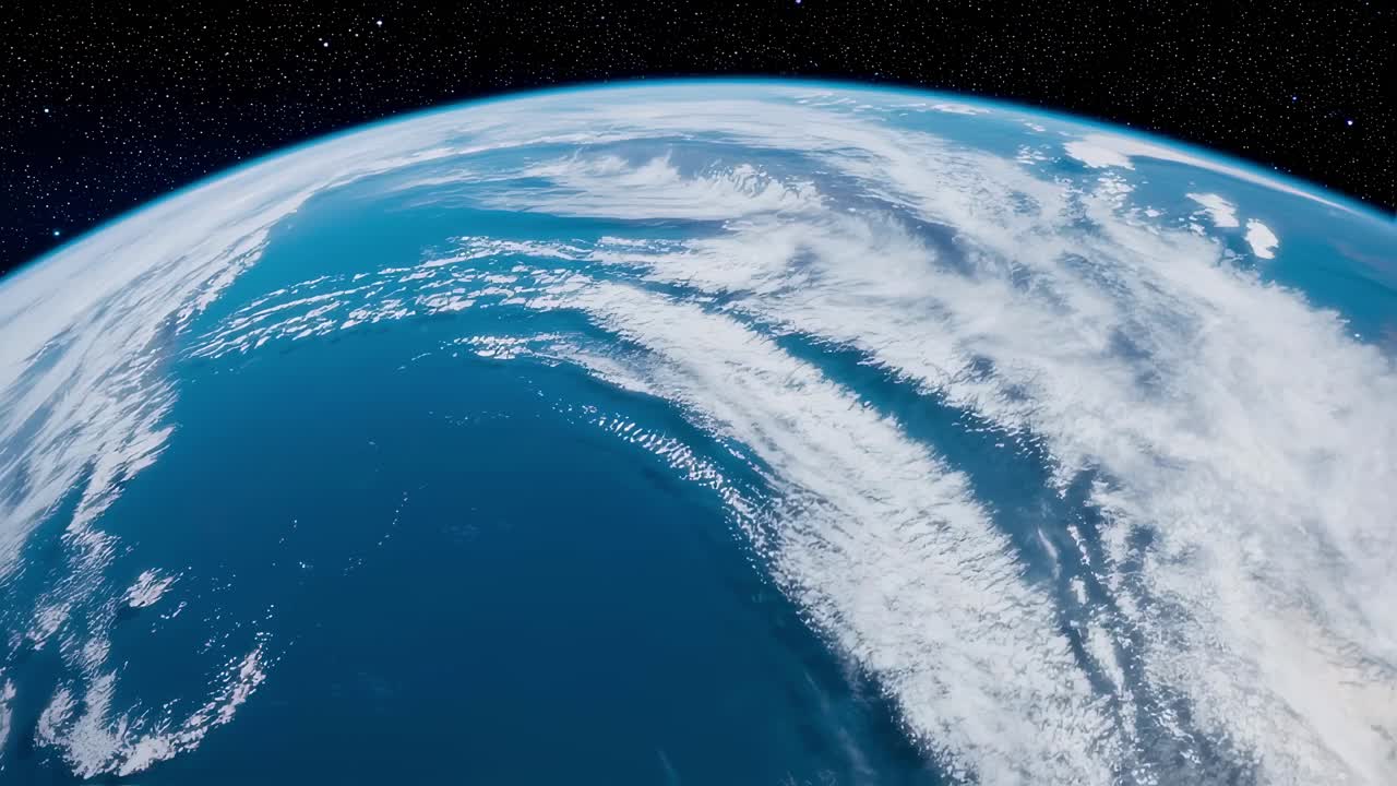 Planet rotating, revealing blue ocean surface with white clouds drifting across atmospheric layers against starry space background