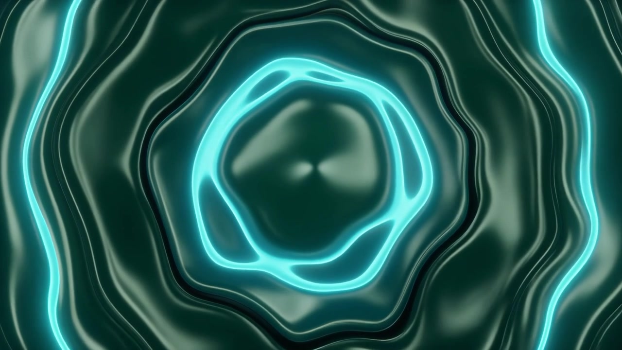 Abstract Background with Pulsing Neon Cyan Rings on Dark Green Surface