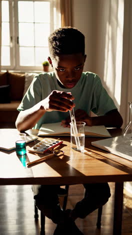 young boy conducting a science experiment at home