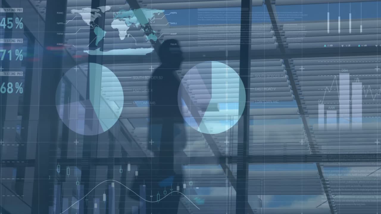 현대 사무실에서 걸어다니는 다양한 사업가들에 대한 금융 데이터 처리 애니메이션