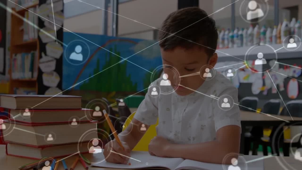 animación de un niño sobre una red de puntos conectados con signos de redes sociales en el fondo