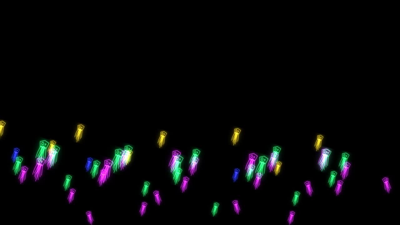 무지개 다채로운 백 젤리 물고기가 검은 스크린에서 느리게 춤을 춘다