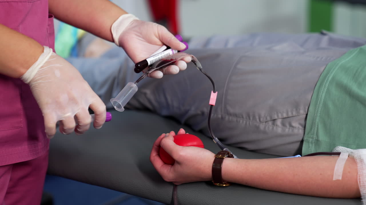 Unrecognized woman lying on the couch and donating blood. Female holding a ball. Medic is filling test tubes with donor blood.