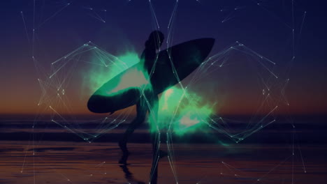 surfer walking on beach with digital network animation overlay at sunset