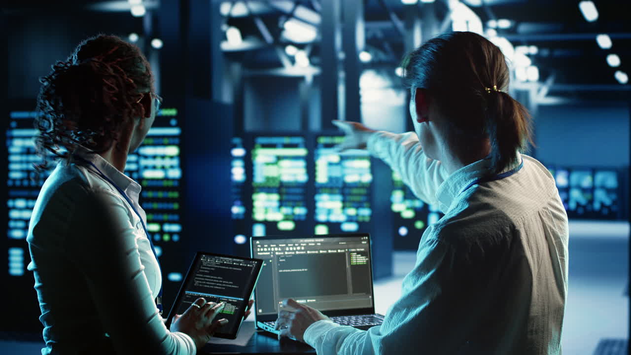 Colleagues programming in data center