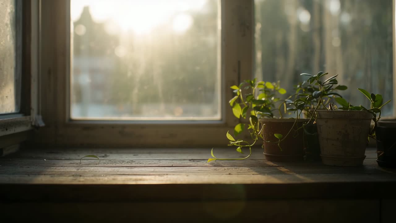 移り変わる日差しを受け、木製の窓枠の上の3つの鉢植えの葉が輝き、コピースペースがある