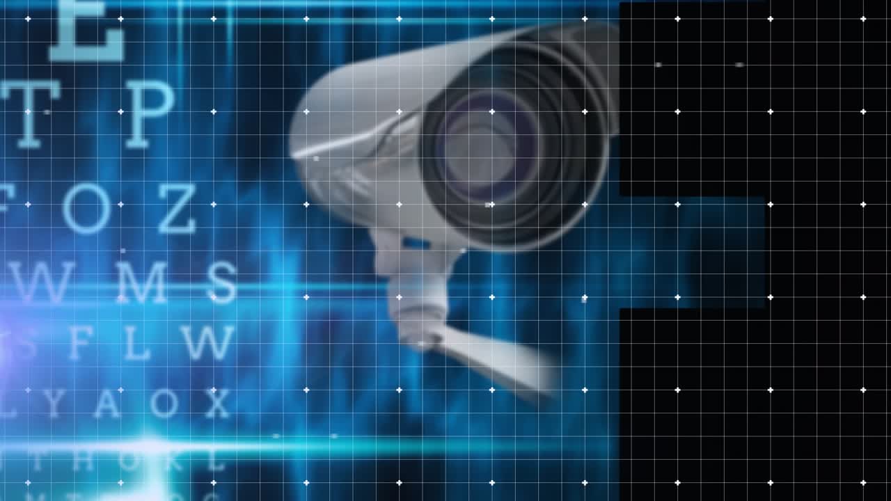 Animation of data processing over security camera on blue background
