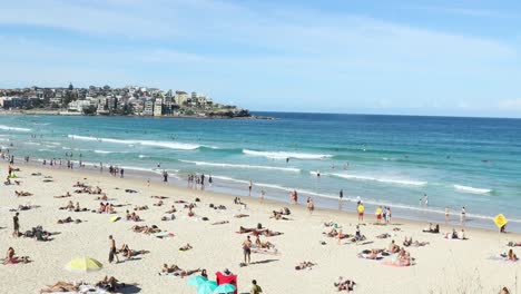 crowded tropical beach with tourists relaxing and sunbathing and surfers riding the rolling waves