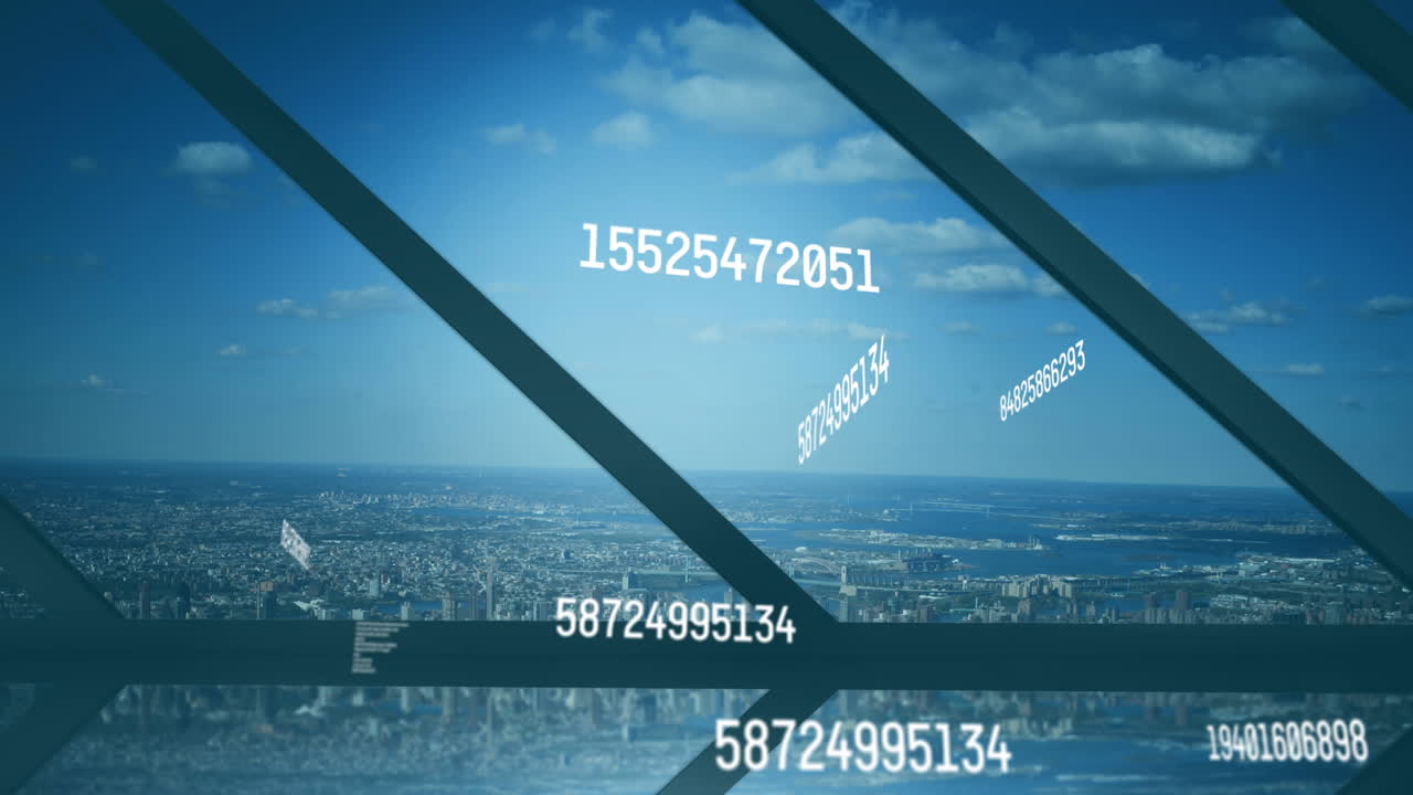 도시 풍경 위에서 변화하는 숫자의 애니메이션과 데이터 처리