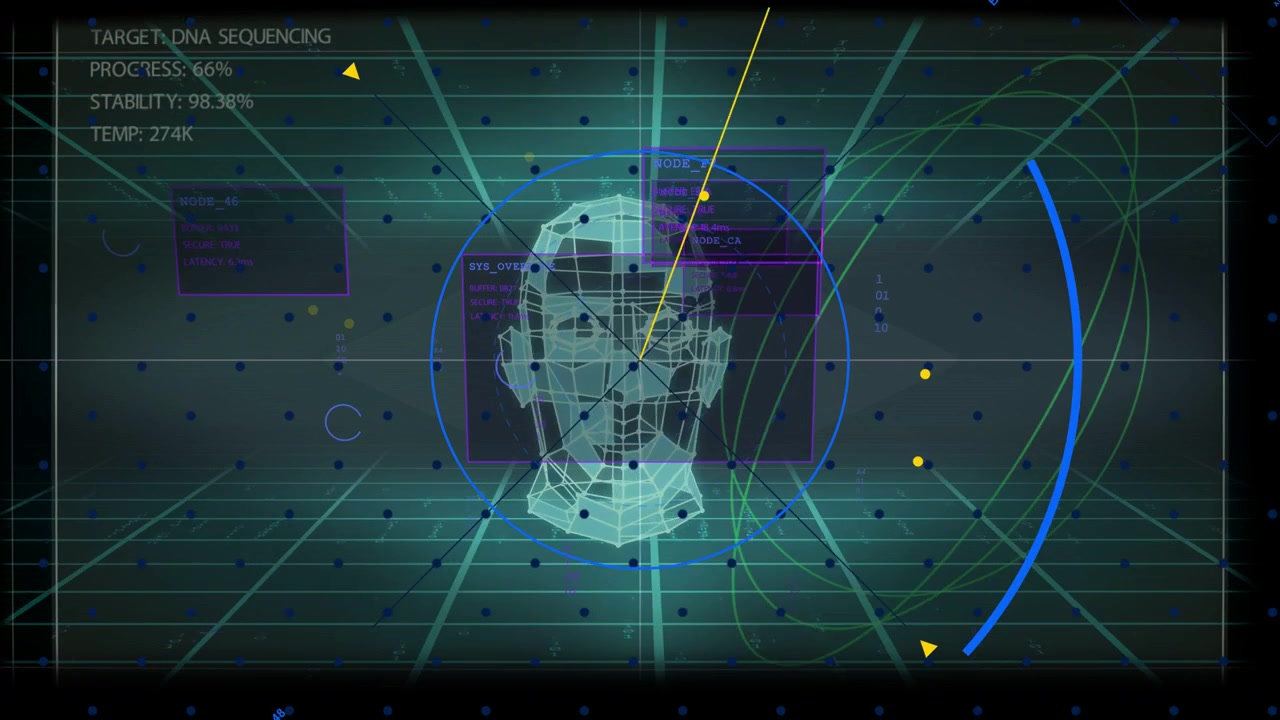System pulse initiating scan, wireframe head rotating while HUD updating DNA sequencing progress