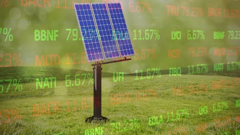 Animation-of-multicolored-trading-board-over-solar-panel-on-green-filed-against-sky