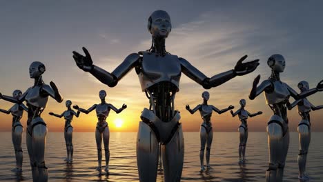futuristic scene with silver robots at sunset: a visual exploration of advanced robotics in an otherworldly oceanic landscape