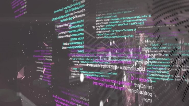 Animation of data processing, globe, shapes and lights in brown space