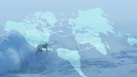 animation of world map and connections over caucasian male surfer surfing on waves