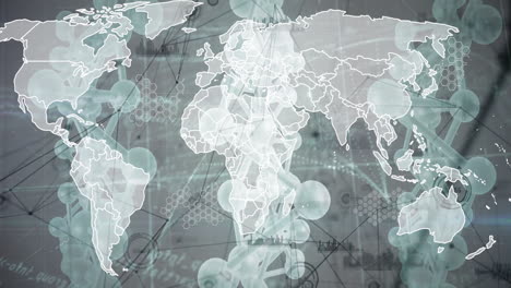 Animation of world map with molecular structures and scientific data in school