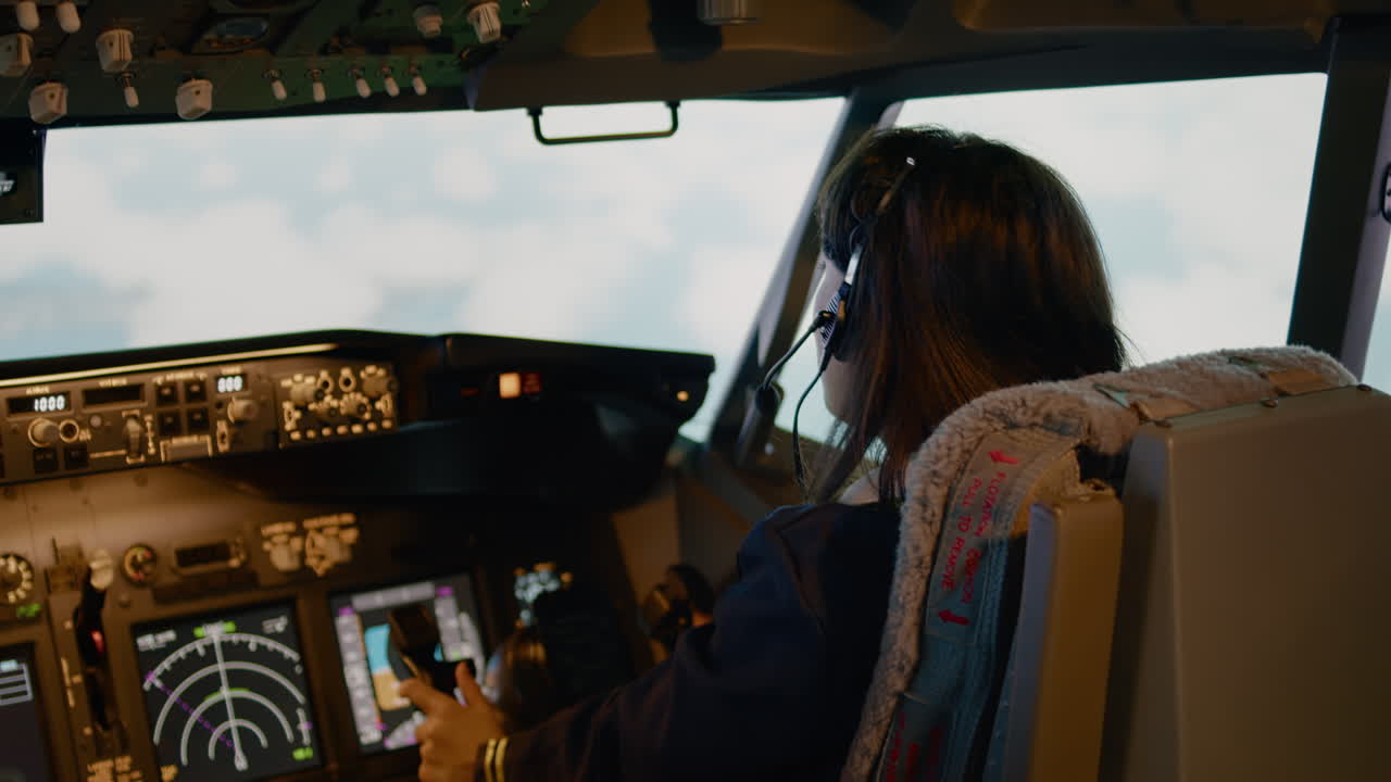 Woman copilot using control panel command in captain cabin