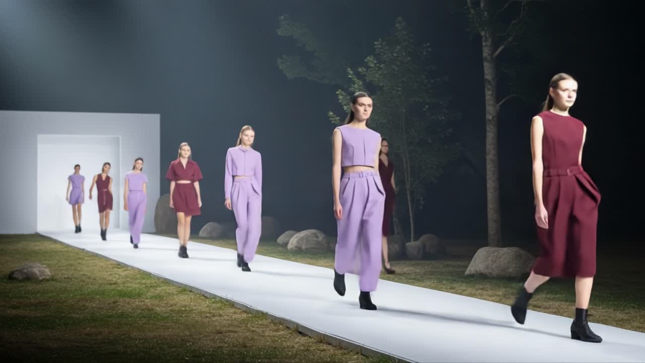 A Captivating Fashion Show Featuring Models in Striking Colorful Outfits Walking Elegantly Down a Serene Runway Surrounded by Nature Under Ethereal Lighting