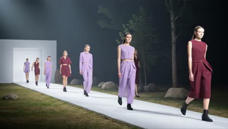 a captivating fashion show featuring models in striking colorful outfits walking elegantly down a serene runway surrounded by nature under ethereal lighting