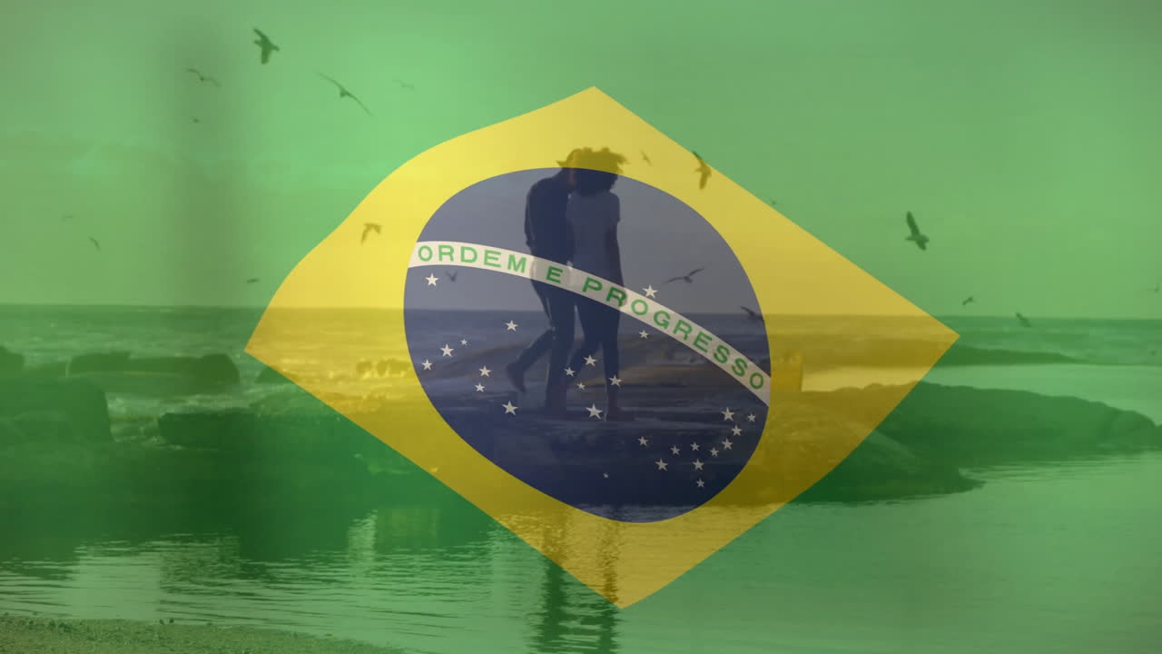 해변에 있는 아프리카계 미국인 부부 위에 있는 브라질 발의 애니메이션